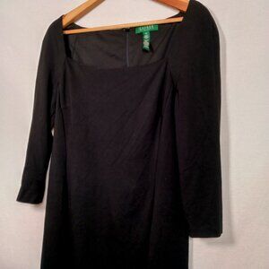 Lauren Ralph Lauren Dress Size 14 Black Rayon Stretch Square Neck Sheath 3/4 Slv